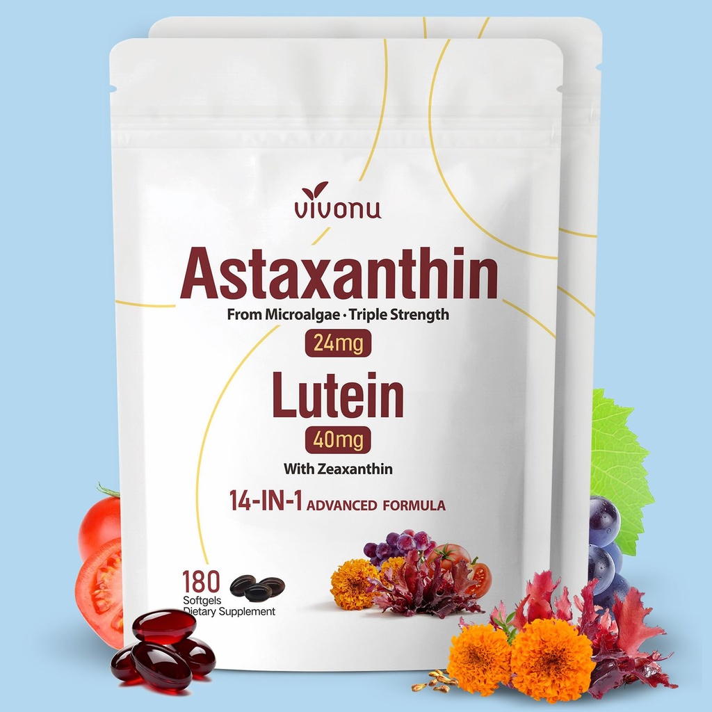 VivoNu 14- in-1 Astaksantyna 24mg & Lutein 40mg z suplementami Zeaksantyny, 12 Miesiące dostaw, 360 Softgels, 2 Torba