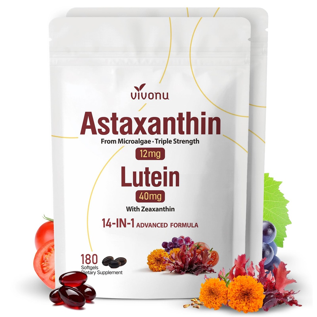 14- in-1 Astaksantyna 12mg & Lutein 40mg z Zeaksantyny Suplementy, 12 Miesiące dostaw, Świeże źródła mikroalg, Wspomaga oko, Skóra, Przeciwutleniacz, Wspólne, Circulative Health, Non-GMO, Gluten Free, 2 Bag
