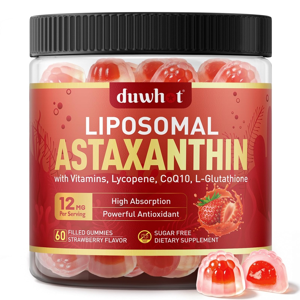 Liposomal Astaxanthin Gummies, Organic Astaxanthina 12 mg Suplementy z likopenem, Glutation dla silnego przeciwutleniacza, Plus witaminy i CoQ10 dla oka, skóry i zdrowia immunologicznego, Bez cukru, Wegan, 60