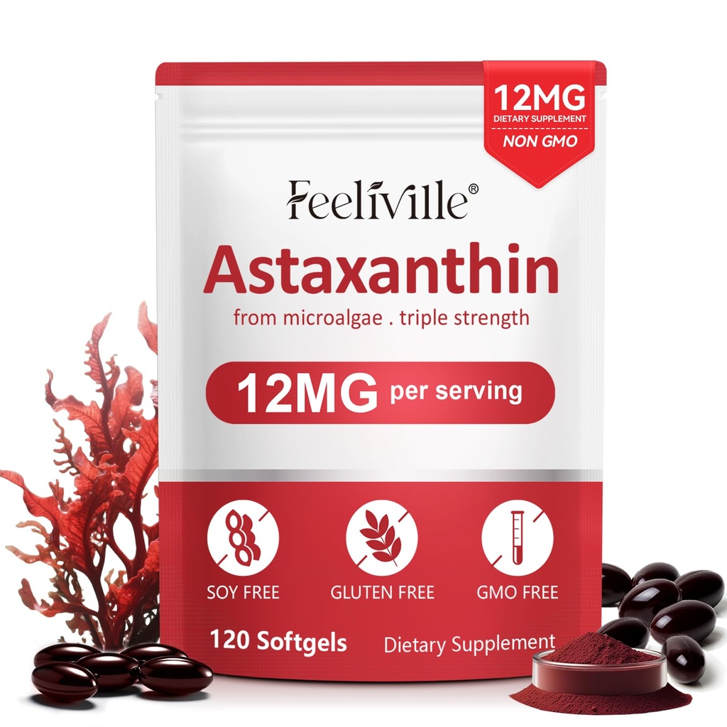 Astaksantyna Suplementy, Premium Astaksantyna 12 mg Przeciwutleniacz z aktywności przeciwutleniającej, Wspomaga oko, wspólne, immunologiczne, Zdrowie skóry, cyrkulacja wewnętrzna, 1Pack (120 Softgels), Non-GMO & No gluten