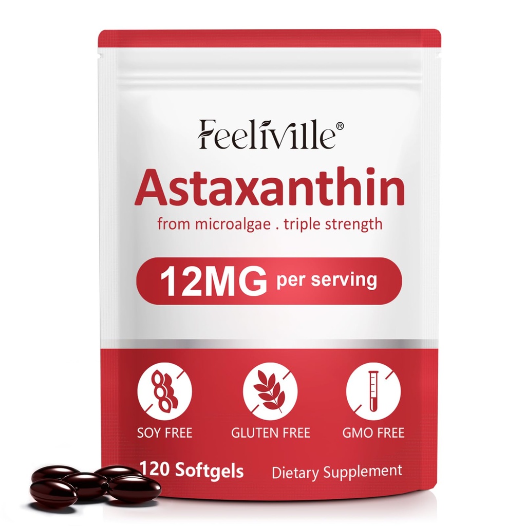 Astaksantyna Suplementy, Astaksantyna 12mg, 120 Softgels Przeciwutleniacz Astaxantina Suplement do oczu, skóry, stawów i zdrowia immunologicznego, Wspiera krążenie wewnętrzne i zdrowie serca, Non-GMO & No gluten