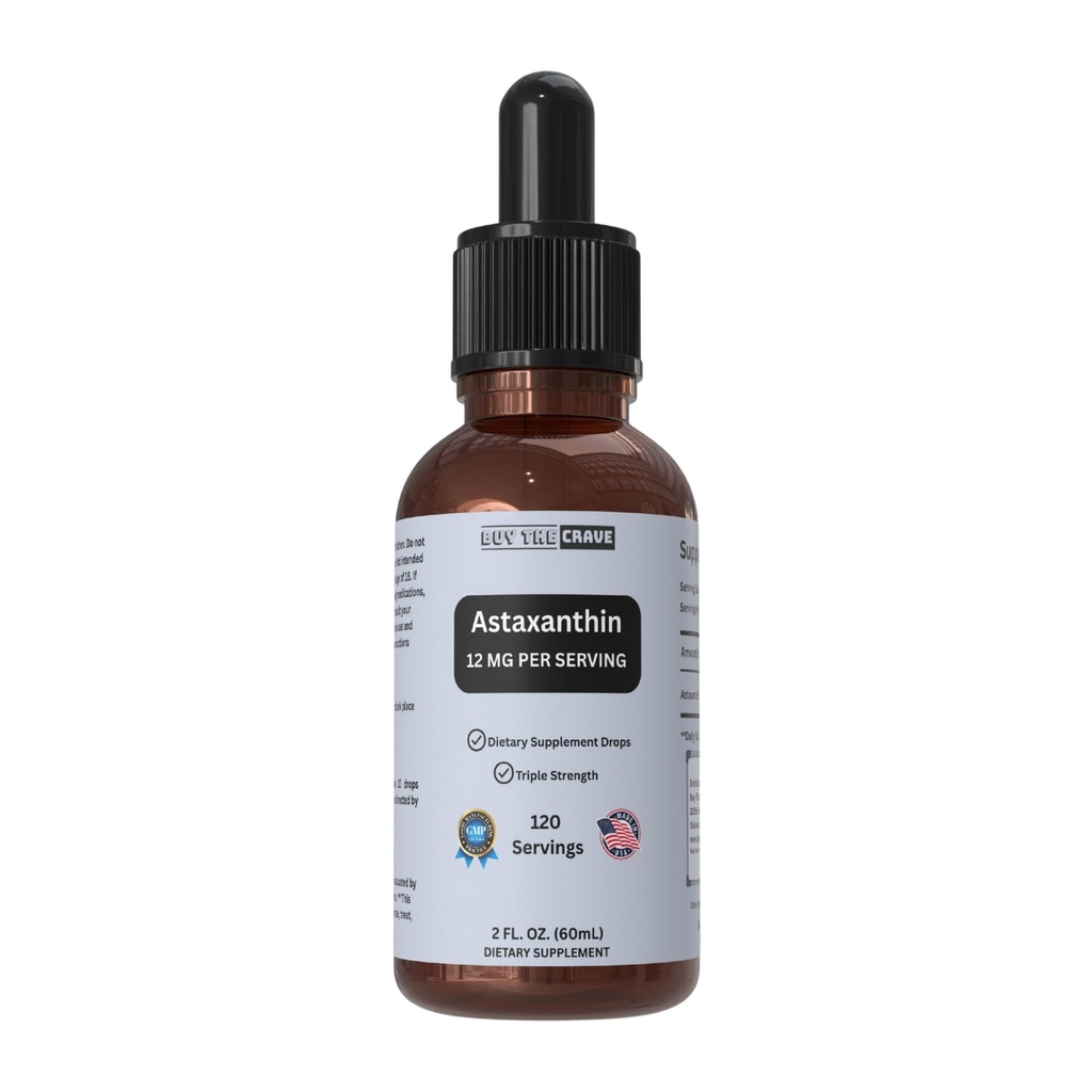 Astaksantyna Krople płynne Infused with Cold Pressed Extra Virgin Olive Oil - 12mg per Serving - Natural Antioksydant Support - 2 fl oz Dropper Bottle - Vegan, Non-GMO