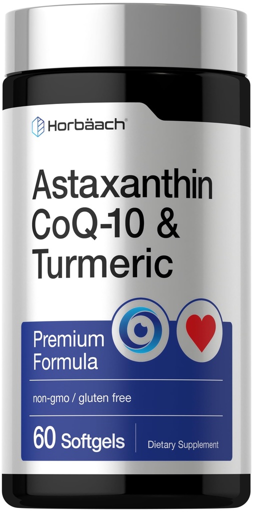 Horbäach Astaxanthina 12mg XI124; z CoQ- 10 & Turmeric XI124; 60 Softgels XI124; Premium Formula XI124; Non-GMO, Gluten suplement wolny