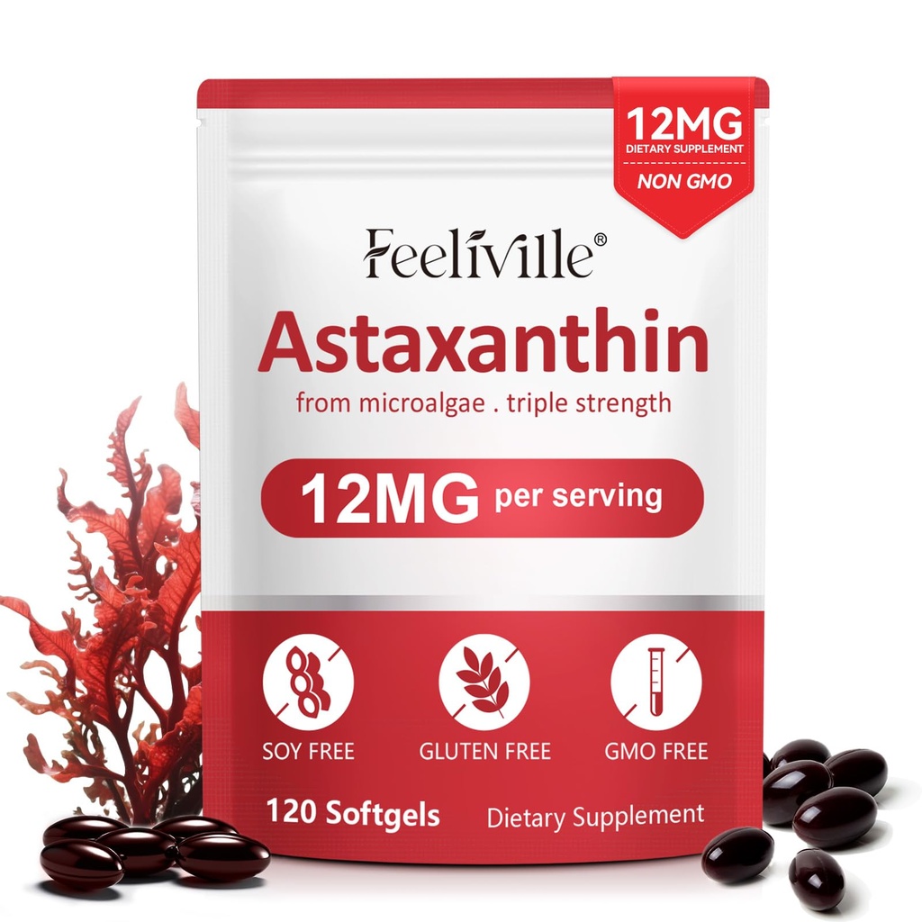 ABOUME Astaksantyna Suplementy, Astaksantyna 12 mg, Świeże źródła mikroalg, Wspomaga oko, immunologiczne, Zdrowie skóry, Wewnętrzne krążenie 124; Non-GMO 124; No gluten (1PCS)