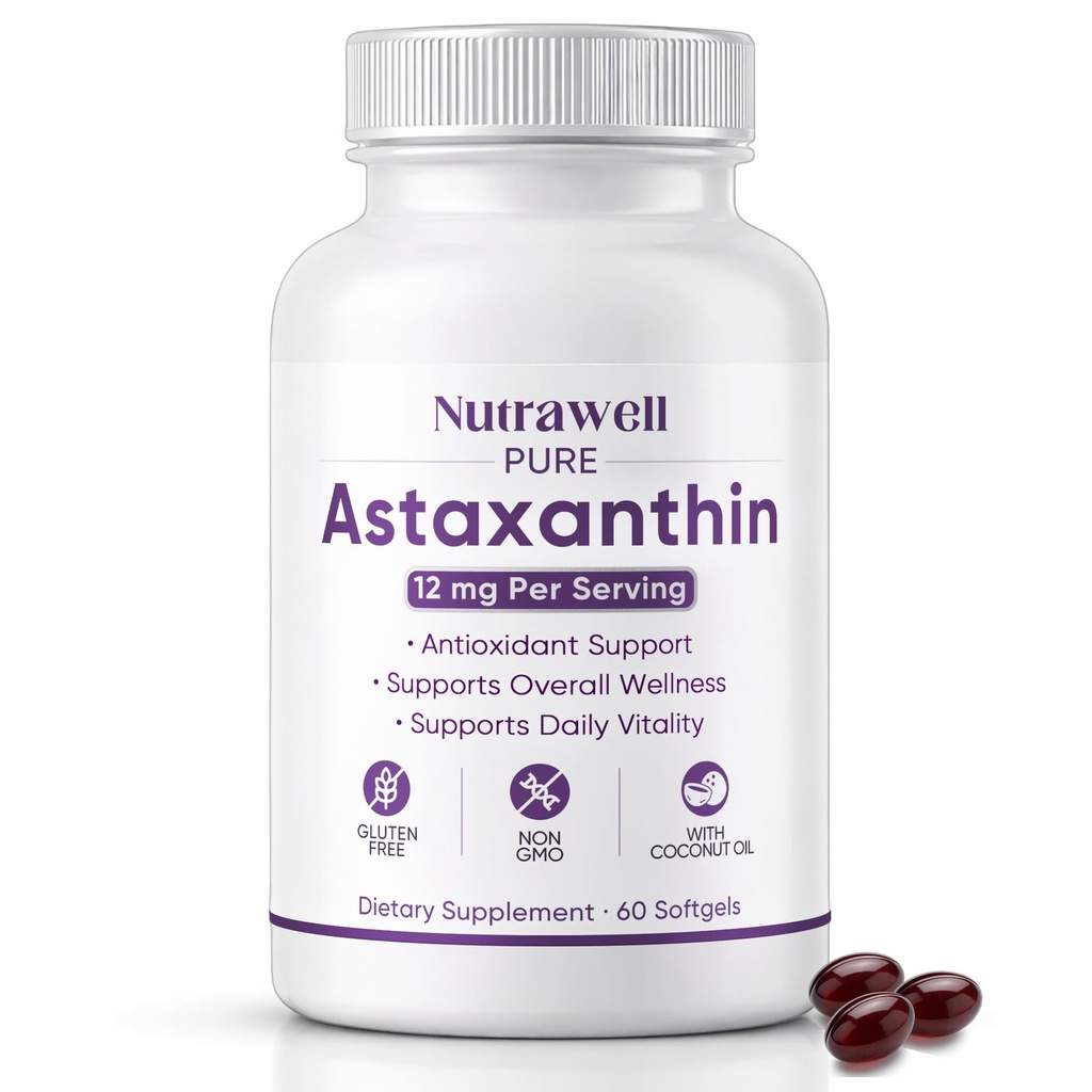 NutraWell Astaksantyna 12 mg, z oleju kokosowego, suplement wsparcia przeciwutleniacza, Non-GMO, Gluten Free, 60 Softgels