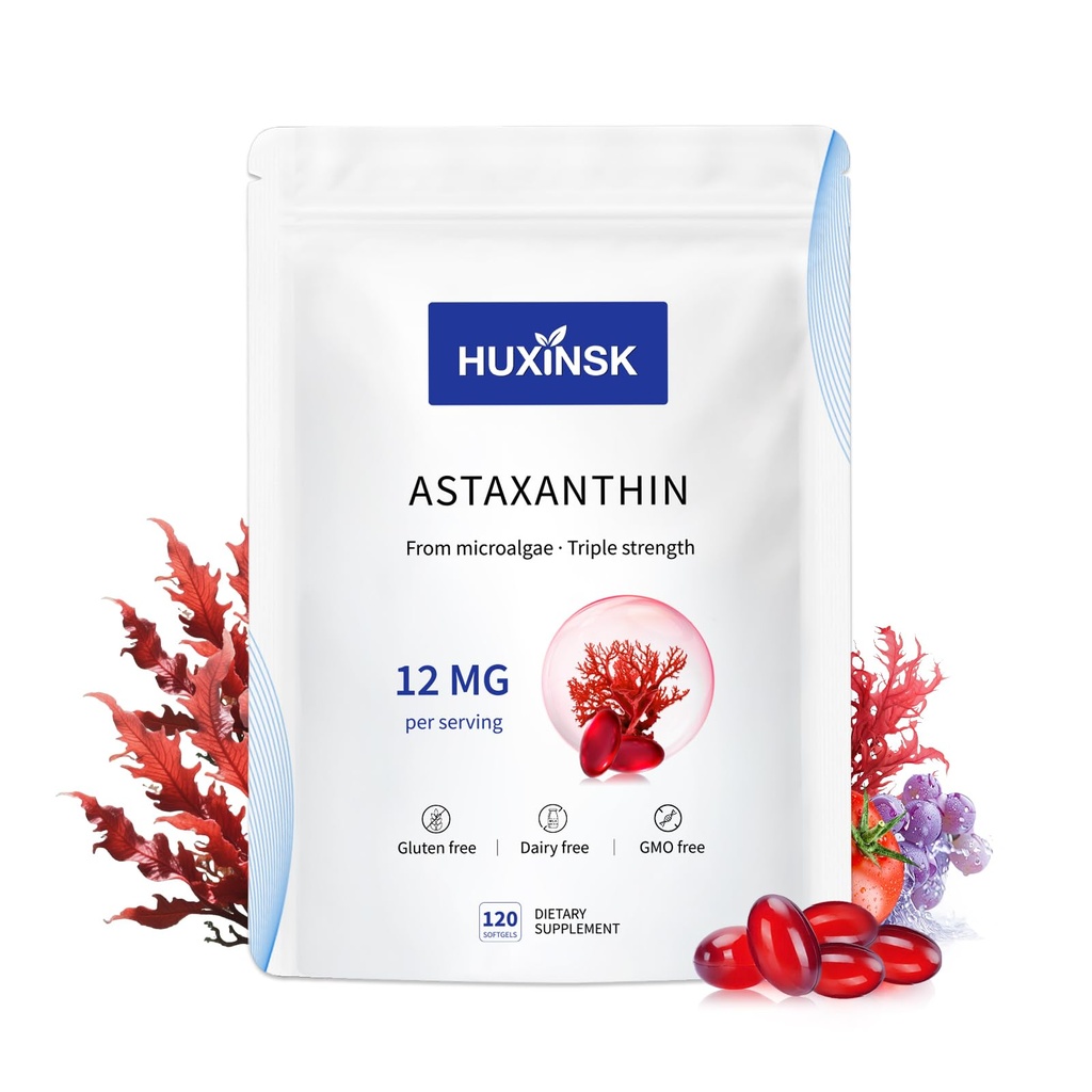 Astaksantyna 12 mg Suplementy, 120 Softgel, Max Siła Astaksantyna Suplementy przeciwutleniające Formularz świeże mikroalgi, 4 Dostawa miesiąc, Podpory oka, Skóra, Joint, Mózg, Serce i system immunologiczny Zdrowie, 1 Torba