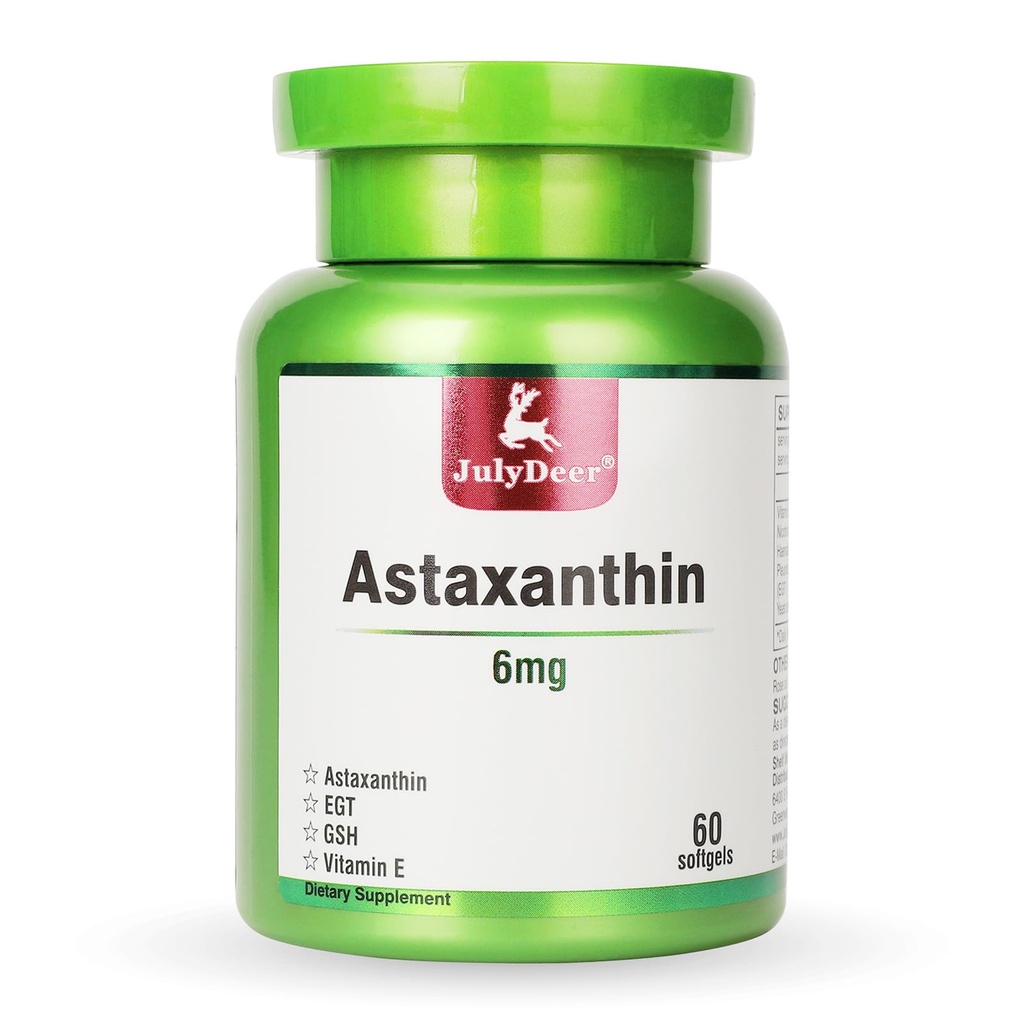 JulyDeer Astaxanthin 6 mg Per Serving, 60 Softgels - Podwójna moc Mikroalgi - Naturalne Haemococcus Pluvialis Źródło - Antyoksydant Suplementy dla skóry, oczu, łączników, i immunologicznego wsparcia - Non-GMO