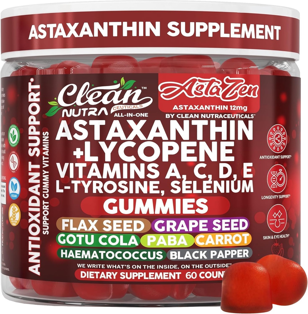 Czysty Nutraceuticals AstaZen Astaxanthin Gummies 12 mg - z likopenem, witaminami A C D E, L- Tyrozyną & Selenium - Gummeje wspomagające przeciwutleniacze - 60 Count