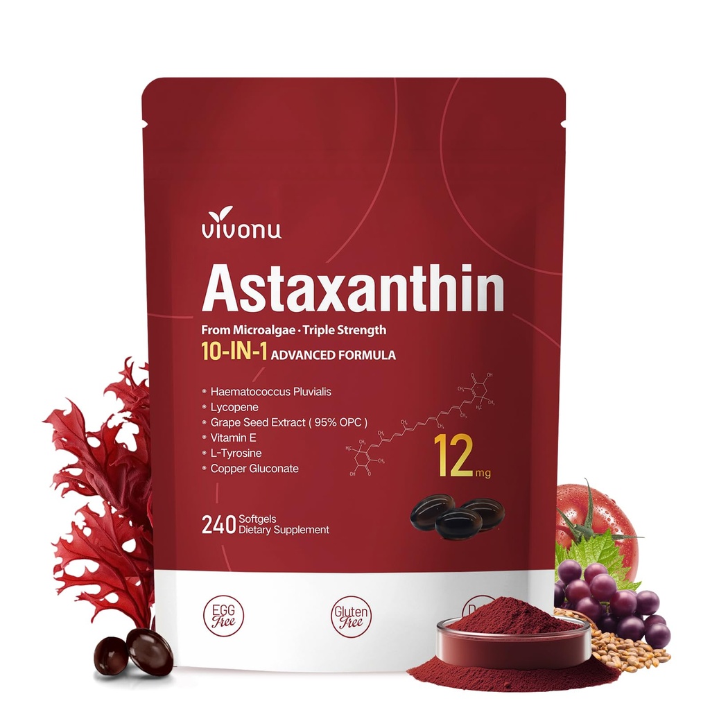 VivoNu Astaksantyna 12 mg Suplementy, 240 Softgels, Świeży Haemococcus Pluvialis 10 in 1 Astaksantyna Suplementy przeciwutleniające, Wspomaga Oko, Skóra, Wspólne, Mózg, Serce i System immunologiczny Zdrowie