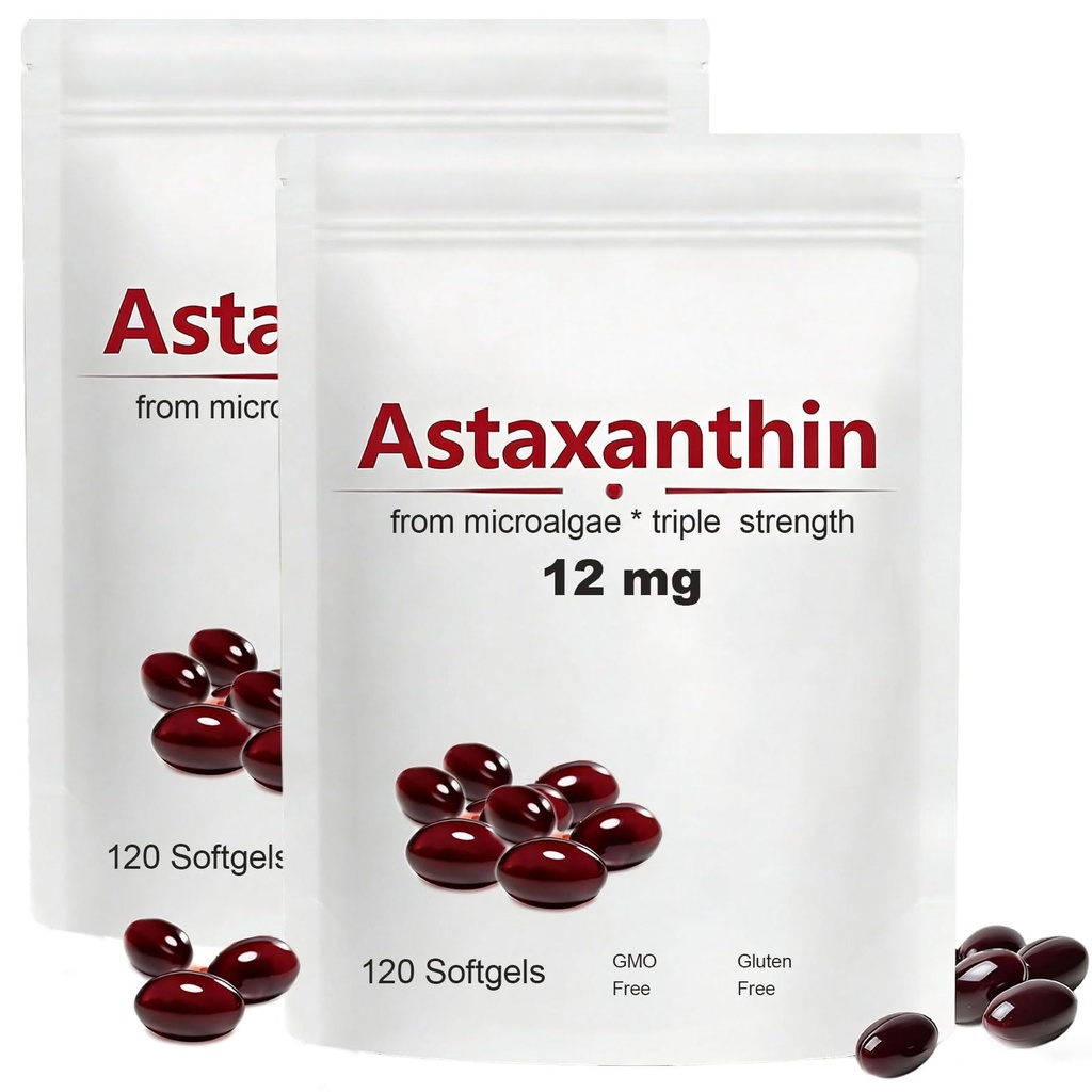 2pack Astaxanthina 12mg, 120 Softgels, Max Siła Przeciwutleniacz z oleju kokosowego, Natural Formula, Wysoka Absorpcja dla Eye & Skin Support, Natural Formula, Non-GMO, Gluten Free