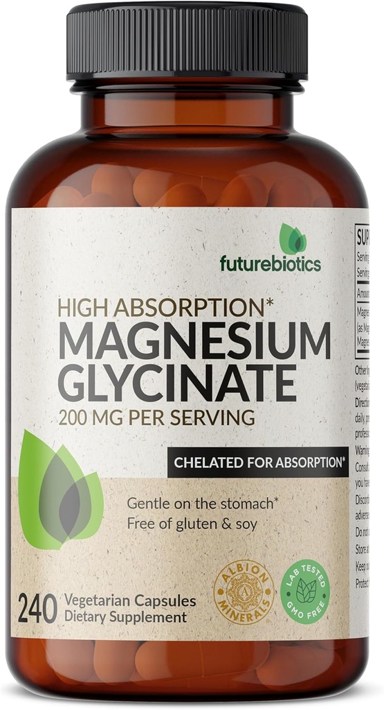 Futurebiotyki Magnezu Glicynian 200 MG na Podawanie Chelatu do Wysokiej Absorpcji, Delikatny na żołądku, Non-GMO, 240 Kapsułki wegetariańskie