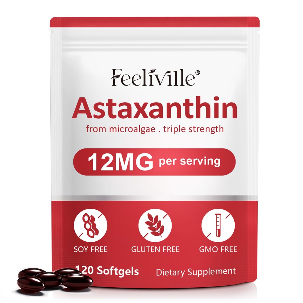 Astaksantyna 12mg (120 Softgels) - Premia Astaksantyna Suplementy przeciwutleniające - Wspiera Oko, krążenie wewnętrzne, zdrowie immunologiczne i skóry - Świeże mikroalgi Źródło - Non-GMO & No gluten