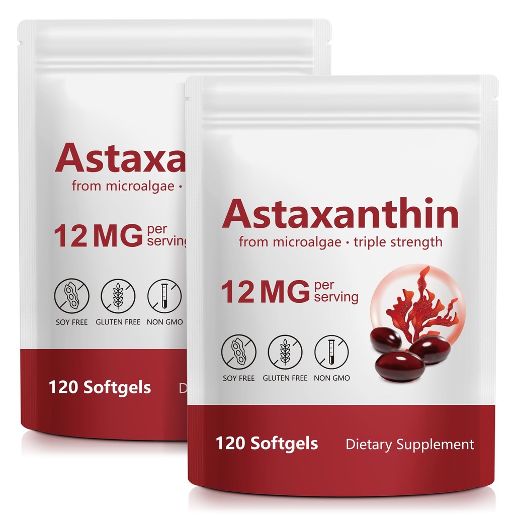 Astaksantyna 12mg, 120 Softgels, (2Pack) Premium Astaksantyna przeciwutleniacze Suplementy z przeciwutleniaczem Aktywność, Wspomaga oko, Skóra, Joint & Immune System Health, Świeże mikroalgi Źródło, Non-GMO