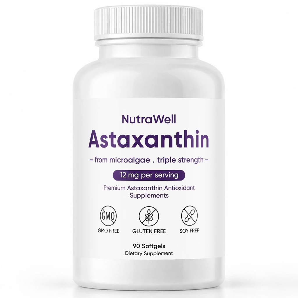 Nutrawell Astaksantyna - Codzienne przeciwutleniacze suplement wellness z naturalnie zakwaszona Astaksantyna Czysta Formuła dla aktywnego dorosłego stylu życia Łatwy do wzięcia kapsułki - 90 Softgels (1)