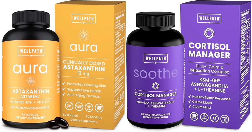 WellPath Astaksantyna 12 mg - Naturalne Astaksantyny Suplementy z mikroalg - Przeciwutleniacze z mikroskładników i Sooththe Cortisol Manager - Cortisol Suplementy dla kobiet z KSM- 66 ® Ashwagandha