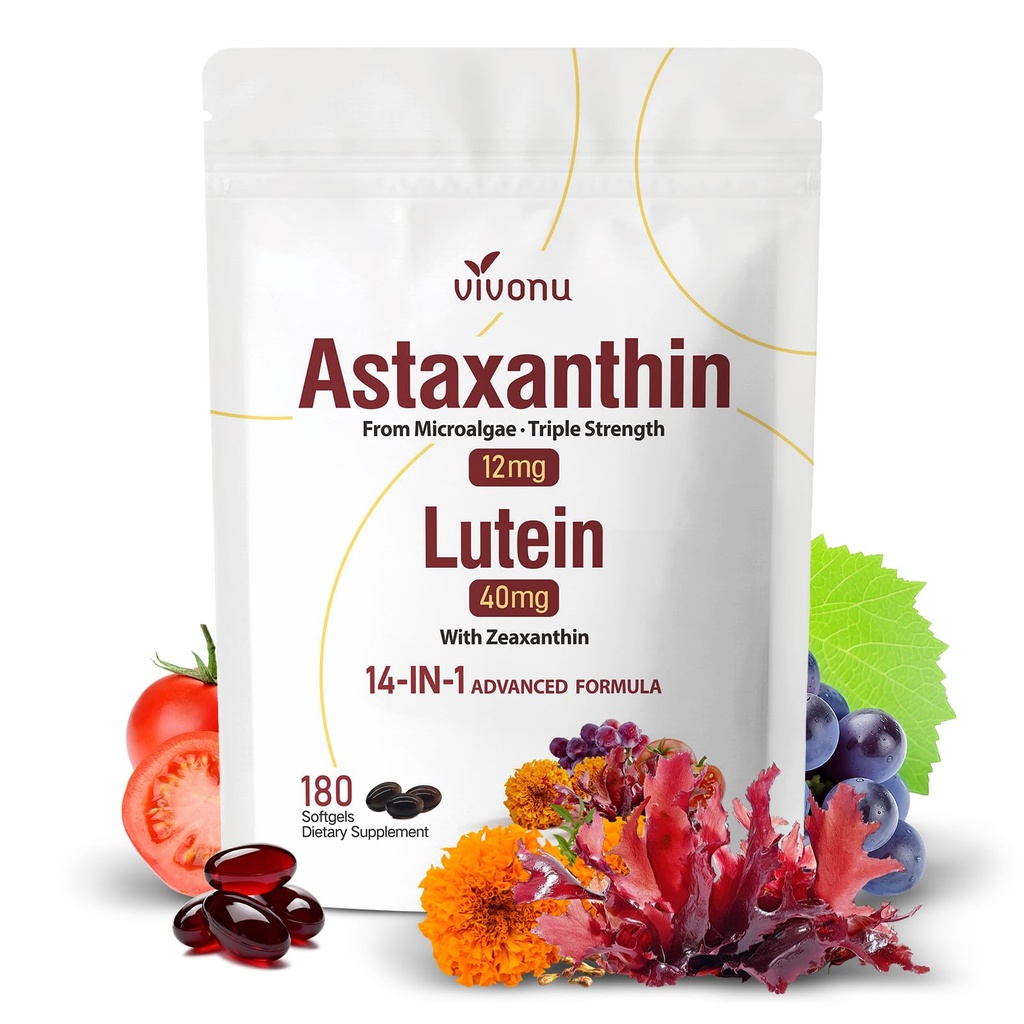 VivoNu Lutein 40mg z Zeaksantyną + Astaksantyna 12mg - 14- in-1 Suplement do Support Eye & Antioksydant - Likopen, Nasiona winorośli i Witamina E - 180 Softgels