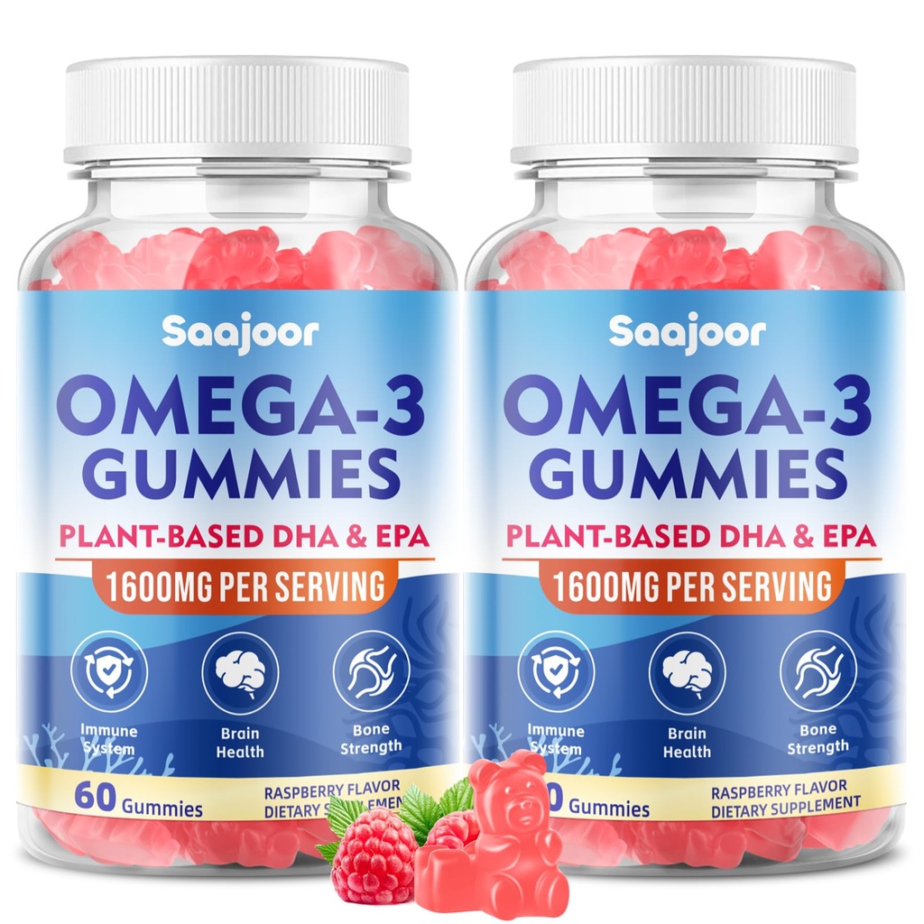 2 Opakowanie Vegan Omega-3 Gummies1000mg dla dorosłych - Suplement bez cukru z 400 mg DHA & 600mg EPA, witamin A, C, E i cynku - 120