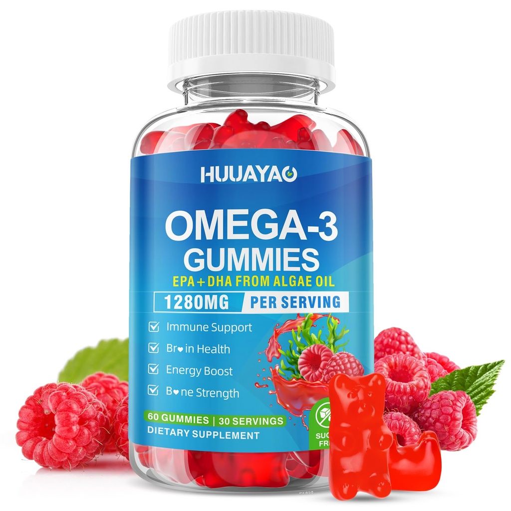 Wegańskie Omega-3 Gummies 1028mg, Omega 3 Fish Oil Alternative dla dorosłych w / EPA 400mg & DHA 600mg & witaminy A, C, E Supports Brain, Eye & Immune Health, Sugar Free, Malina Flavor, 60 Count