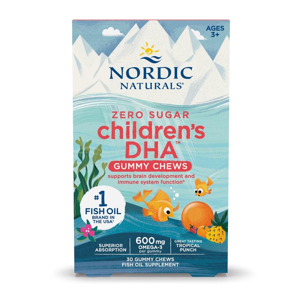 Nordic Naturals Zero Sugar Dzieci DHA Gummy Chews, Tropical Punch - 30 Gummy Chews for Kids - 600 mg Total Omega- 3 s - Rozwój mózgu, Nauka, Zdrowy Immunitet - Non-GMO - 30 Sług