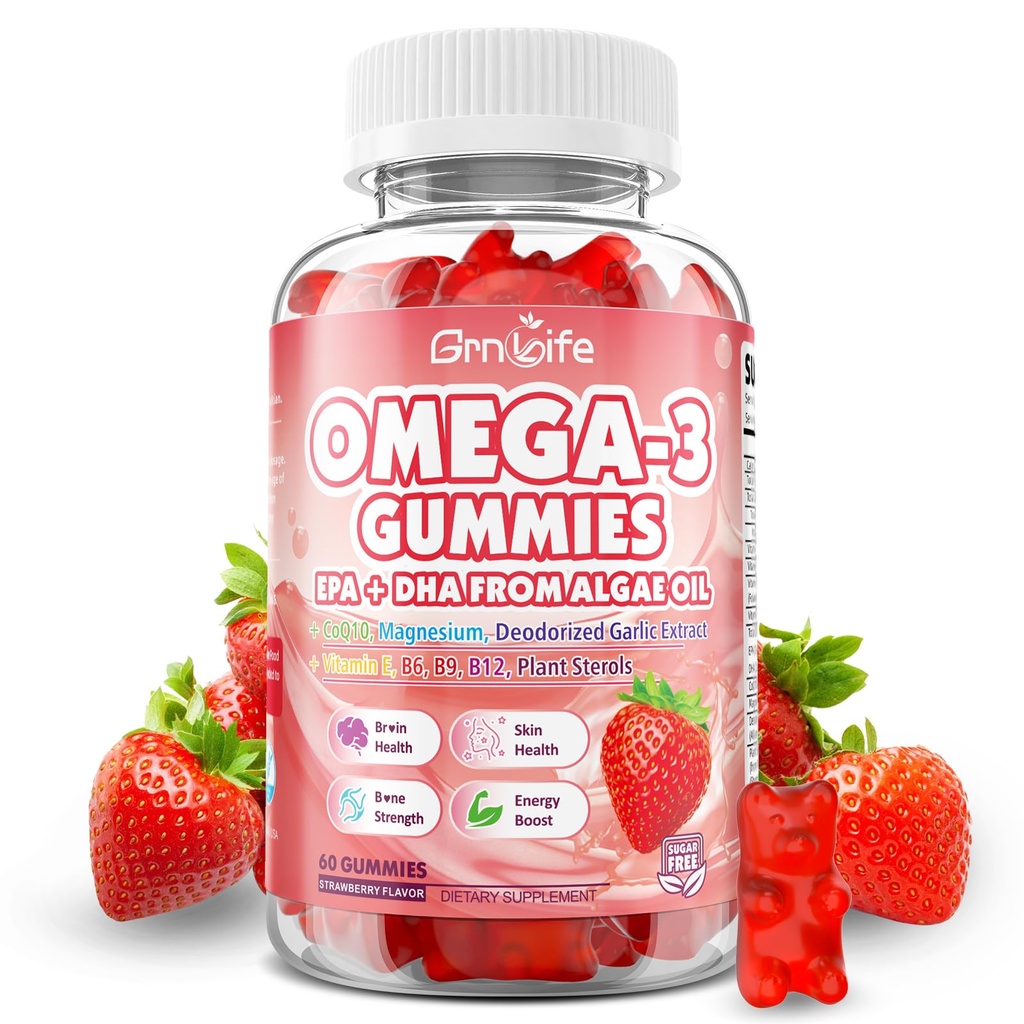 Vegan Omega 3 Gummies 1000mg + CoQ10 + Magnez - w / Algae EPA 600mg & DHA 400mg, Fish Oil Omega-3 Suplementy Alternatywne dla dorosłych, dla mózgu, oka, zdrowia immunologicznego, Strawberry Flavor, 60 Count