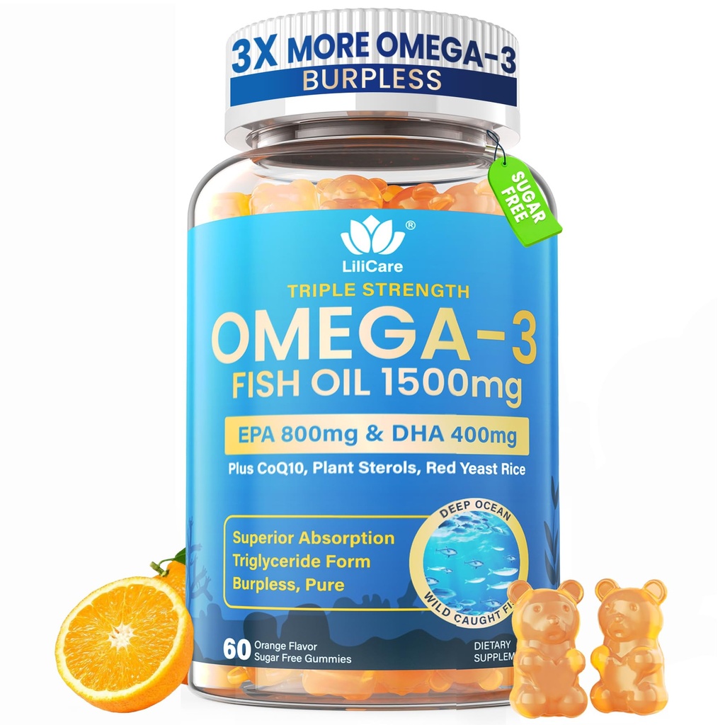Fish Omega 3 Gummies 1500mg dla dorosłych - Potrójne siły z EPA & DHA, COQ10, Red Yeast Rice - Wild Caught Omega 3 Kwasy tłuszczowe Suplementy dla Hregar- t & Mózg - Cukier wolny, Burless, 60 Count