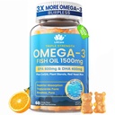 Fish Omega 3 Gummies 1500mg dla dorosłych - Potrójne siły z EPA & DHA, COQ10, Red Yeast Rice - Wild Caught Omega 3 Kwasy tłuszczowe Suplementy dla Hregar- t & Mózg - Cukier wolny, Burless, 60 Count