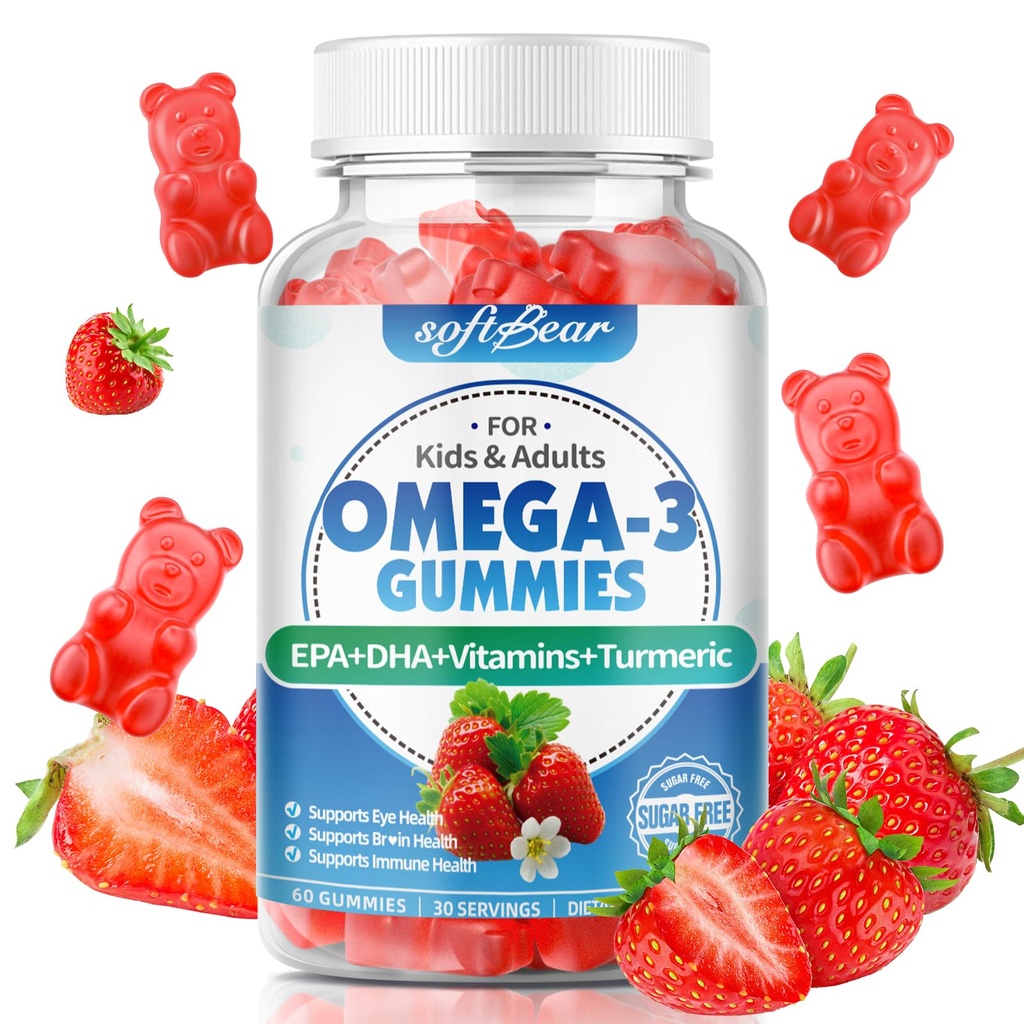 softbear Omega 3 Gumiaki dla kobiet i mężczyzn i dzieci Omega 3 Suplementy 1200mg Vegan Omega 3 Kwasy tłuszczowe DHA EPA z Vitamin Support Eye & Brain Health, Sugar Free, Strawberry Flavor 60 Count