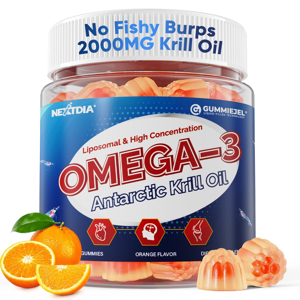 Liposomal Antarctic Krill Omega 3 Gummies 2000mg - Poziom komórkowy Absorpcja Omega-3 z EPA, DHA i Astaksantyna - Przeciwutleniacz & Wsparcie dla mózgu - Suplementy oleju rybnego Alternatywne - 60 Count