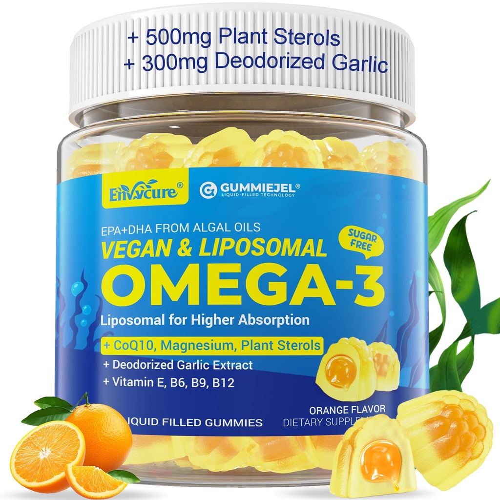Wegański Omega-3 Gummies 1000mg + CoQ10 + Magnesium EPA 600mg & DHA 400mg, Olej rybny Omega 3 Suplementy Alternatywne dla kobiet Men Adults- Liposomal Form -Alga- Sterole roślinne, Czosnek, B6, B9, B12, Cukier wolny