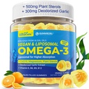 Wegański Omega-3 Gummies 1000mg + CoQ10 + Magnesium EPA 600mg & DHA 400mg, Olej rybny Omega 3 Suplementy Alternatywne dla kobiet Men Adults- Liposomal Form -Alga- Sterole roślinne, Czosnek, B6, B9, B12, Cukier wolny