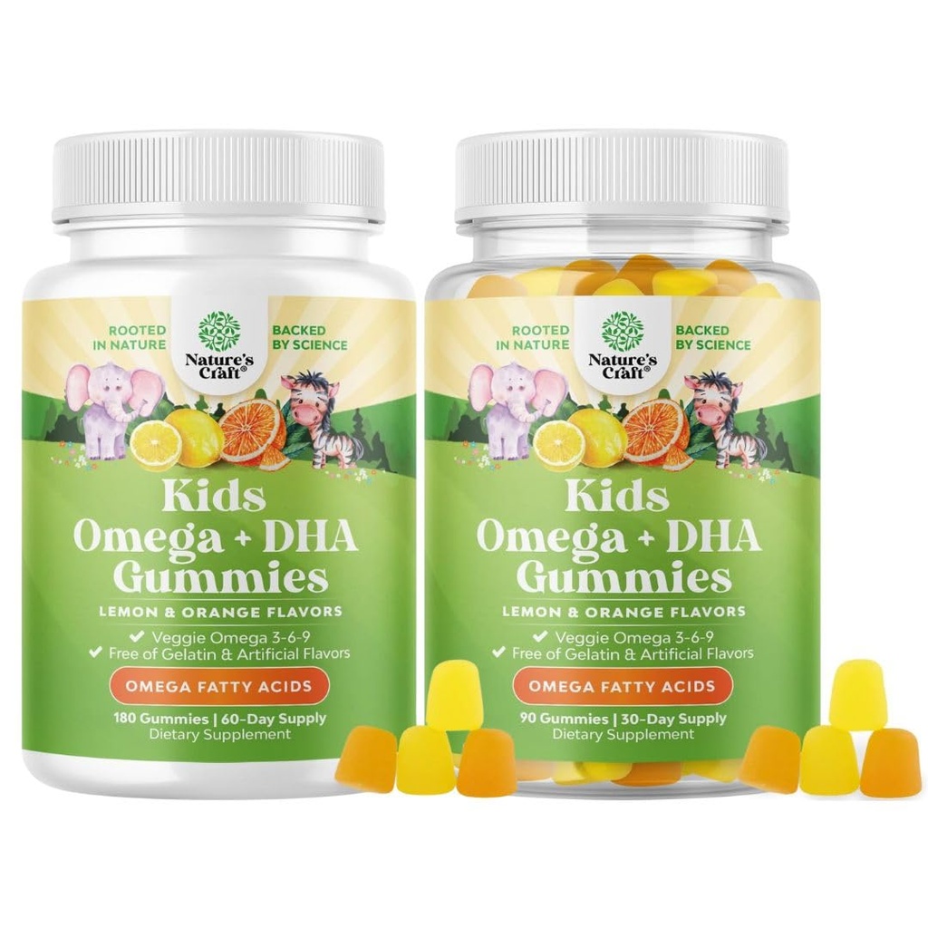 Paleta gumek Omega DHA dla dzieci - Kwasy tłuszczowe Omega 3 6 9 z witaminą C dla mózgu, Immunitet i Wizja - Żywotny DHA dla zdrowego układu nerwowego i Focus Support - Vegetarian & Gluten Free