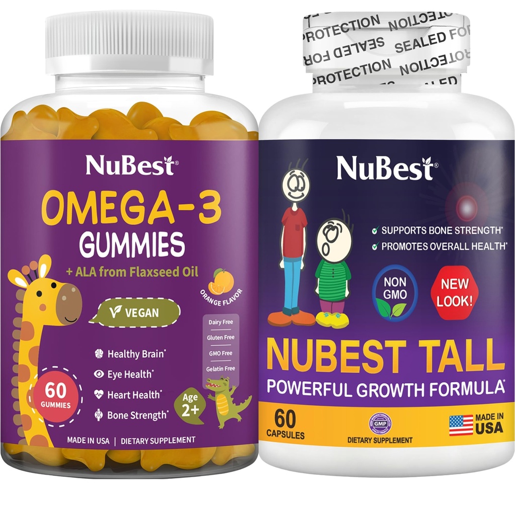 NuBest Bundle Bone Growth - Wzrost mózgu: Omega 3 Gummies Wysoki Nowy wygląd dla dzieci i nastolatek z wapniem, Kolagen, Zioła, Omega 3 Olej lniany