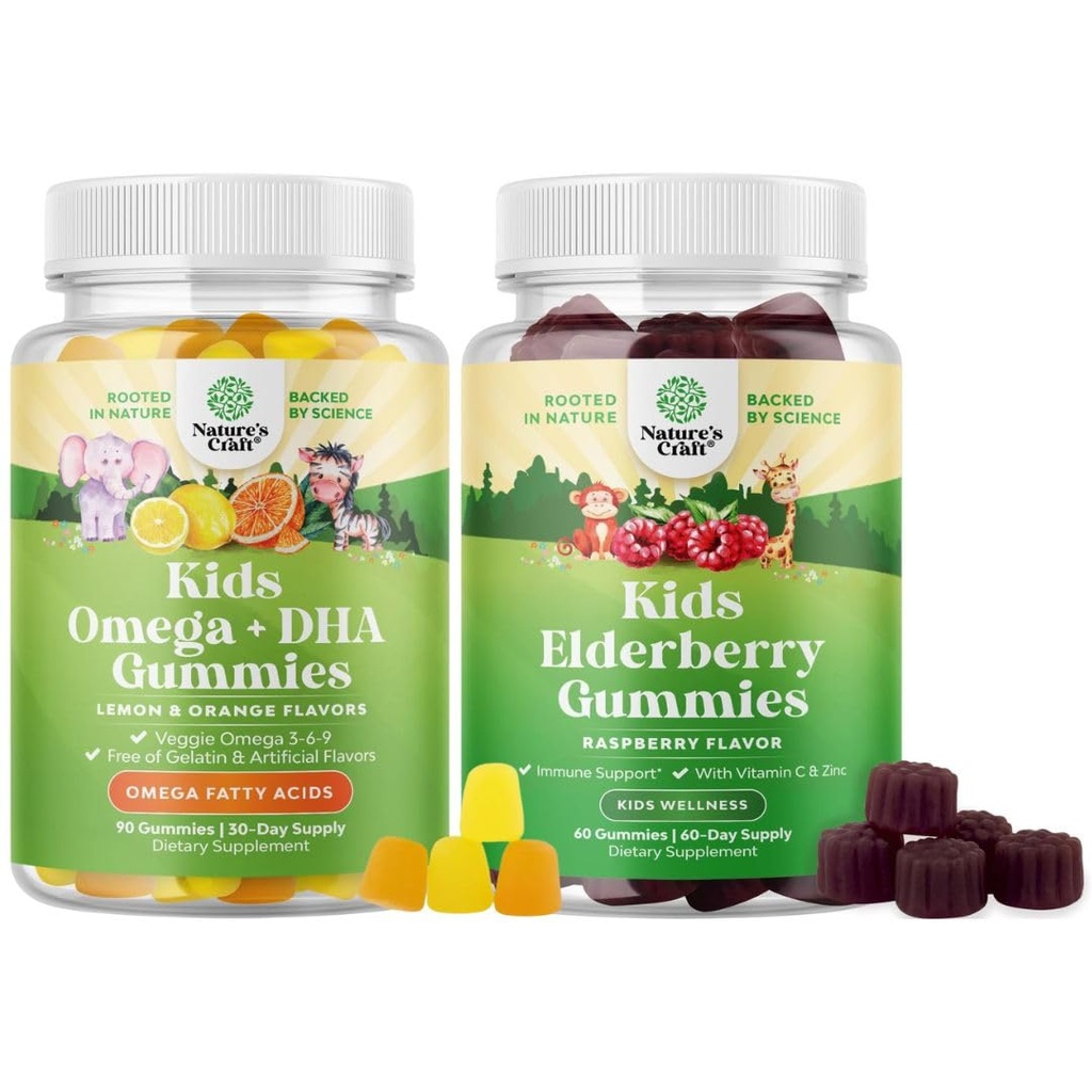Bundle of Kids DHA Omega 3 Gummies - Ryby Darmowe z wegetarianinem 6 9 dla Vision Mózg & Immunitet i Sambucus Elderberry Gummies dla dzieci - Czarny Elderberry z cynku i witaminy C dla immunologicznego wsparcia