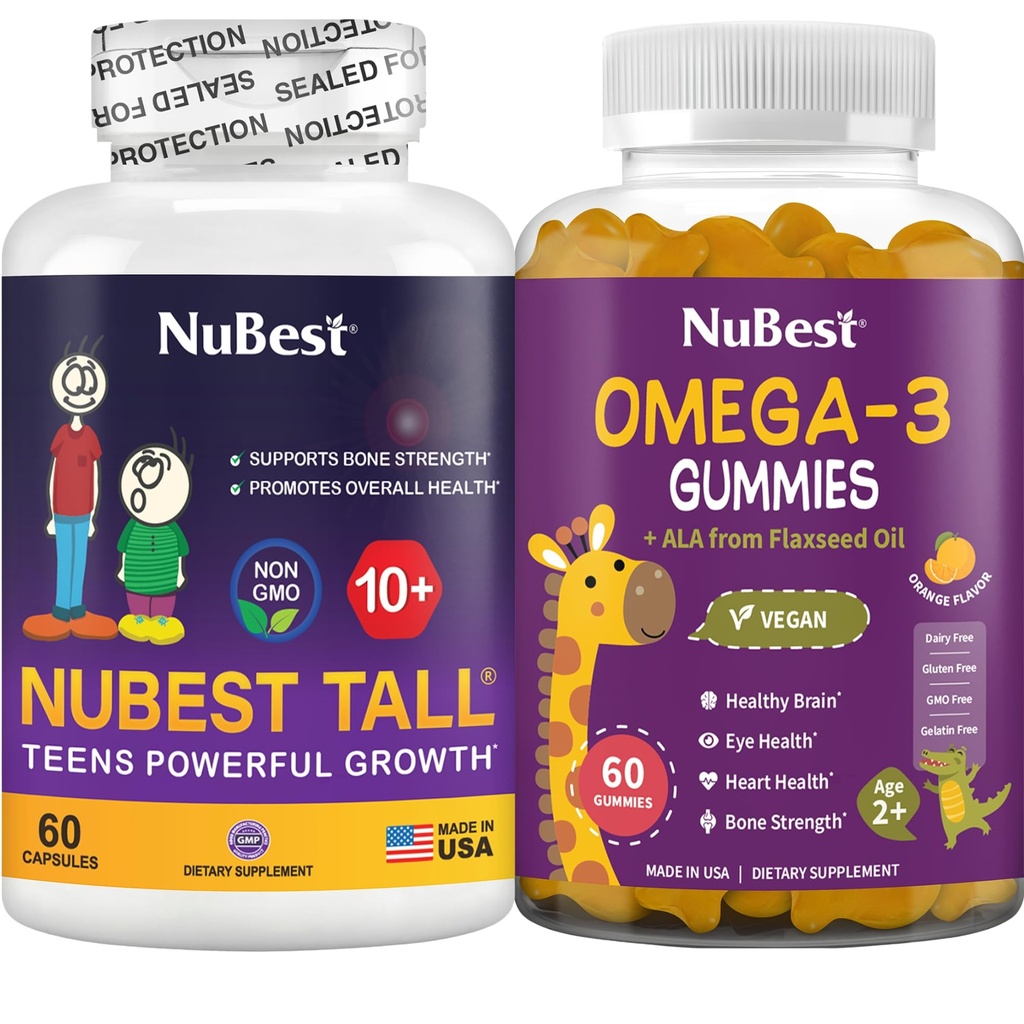 NuBest Bundle Bone Growth and Brain Growth Tall 10 + Bone Health Kapsułki i Omega-3 Gumiaki dla dzieci i młodzieży