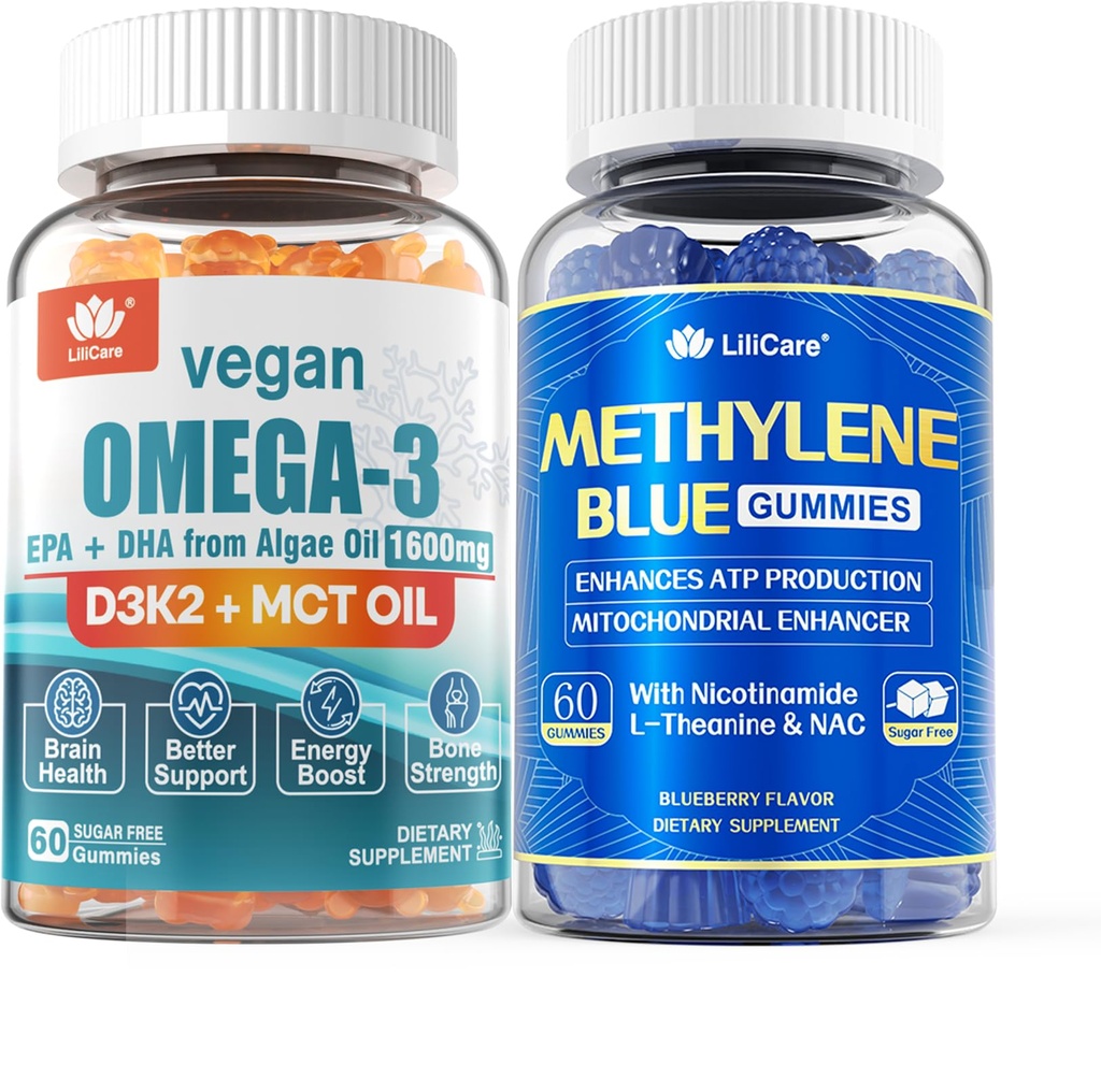 Vegan Omega 3 Gummies 1280mg + Metyleno Blue Gummies dla ludzi
