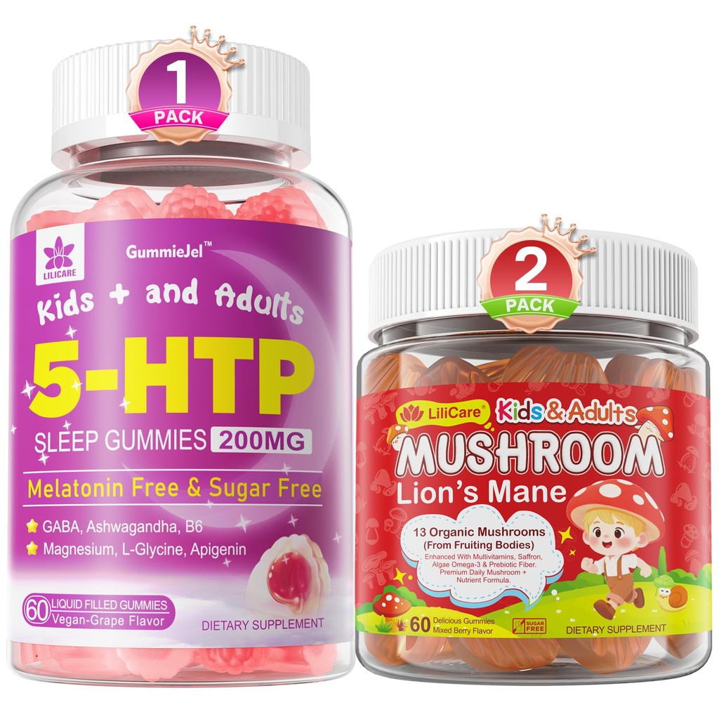 Lilicare Bundle: Mushroom Lions Mane + Saffron + Algae Omega-3 Gumiaki + 5HTP Gumiaki dla dzieci i dorosłych
