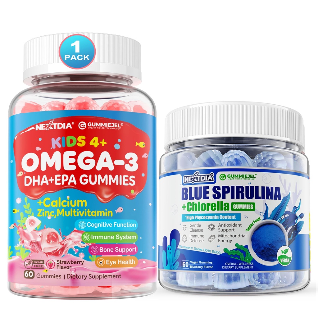 Omega 3 (EPA / DHA) Nadziewane gumki + Organiczne niebieskie gumki Spirulina