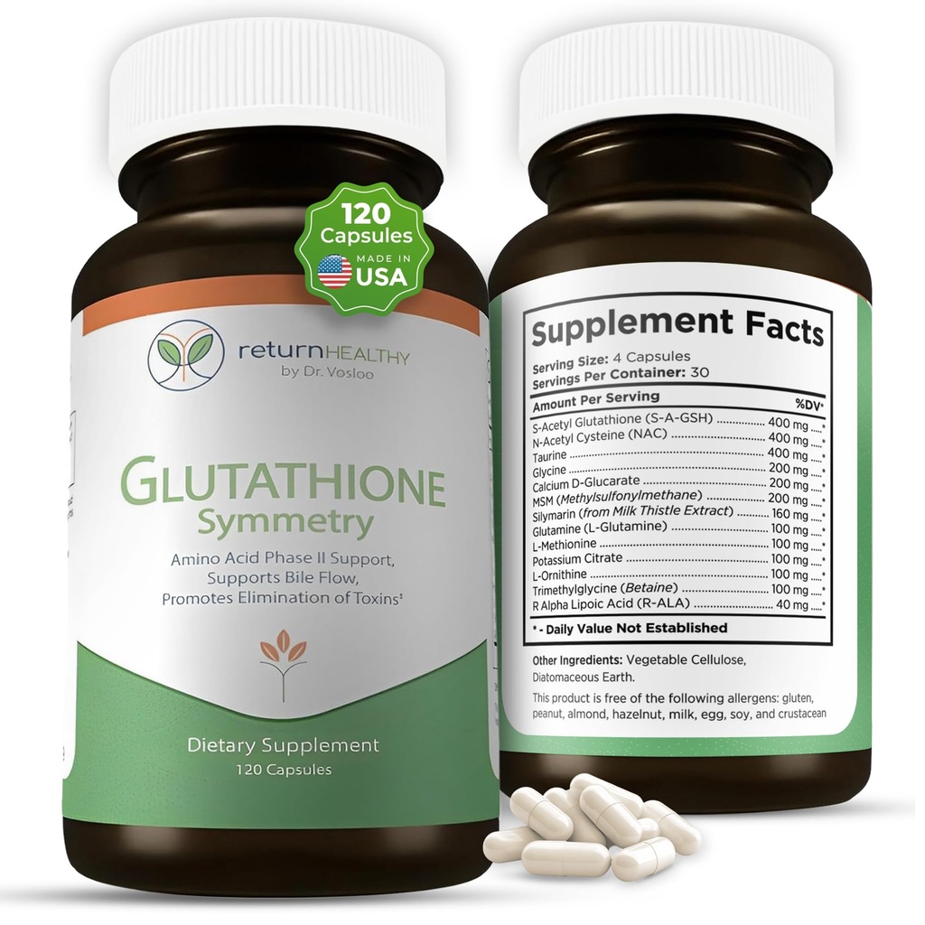 Symetria glutationu: 124; suplement Glutationu: 124; przeciwutleniacze i suplement detoksykacji: 124; naturalne wsparcie komórkowe: 124; all- naturalne, wegańskie, nie- GMO, 120 kapsli