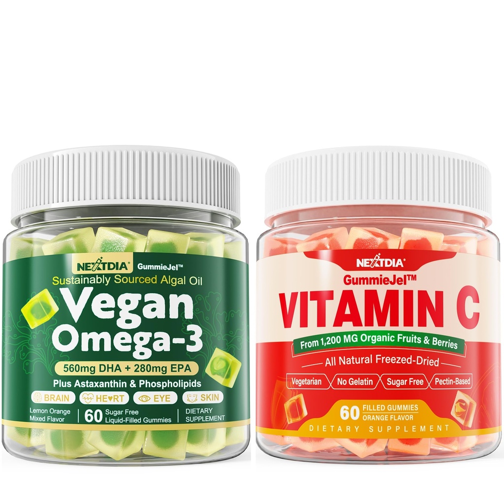 Nextdia Vegan Omega 3 Gumiaki + Całość żywności Witamina C Gumiaki dla dorosłych i dzieci