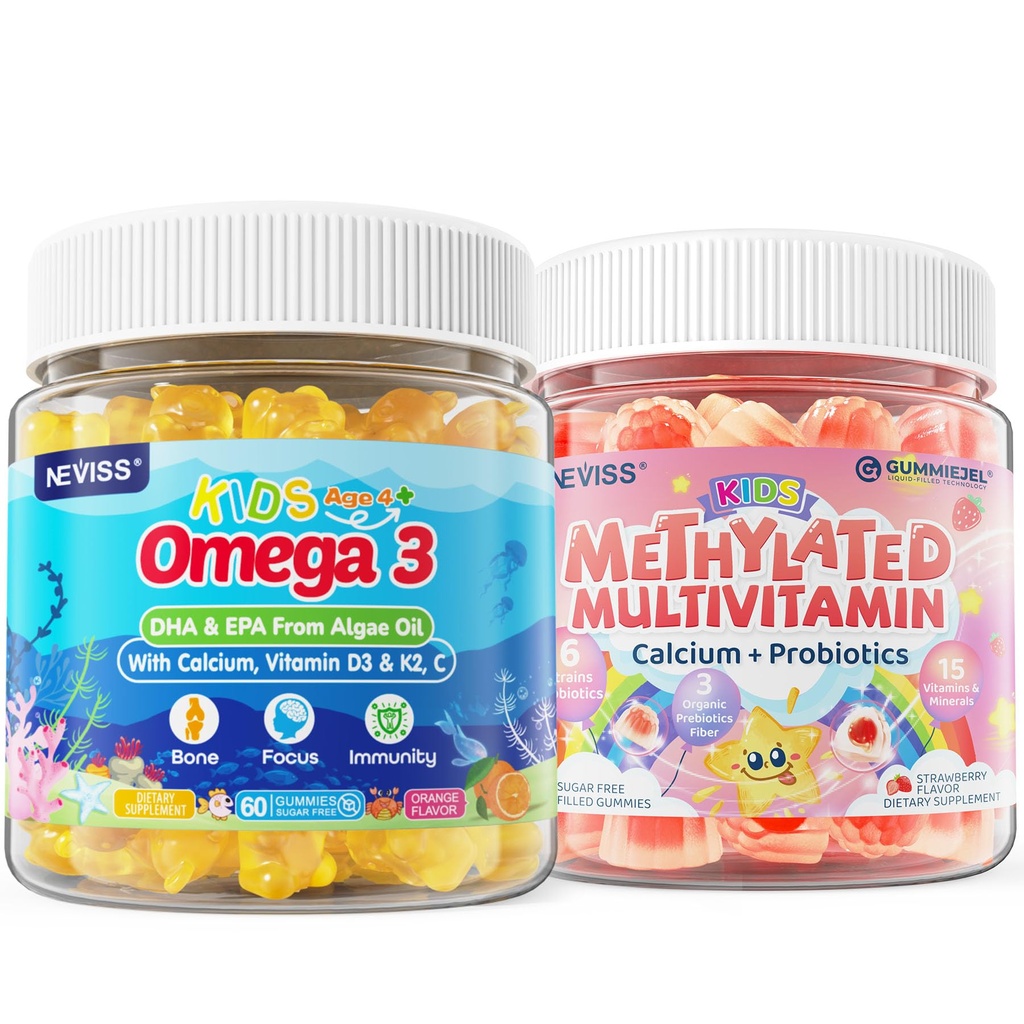 Dzieci Metylowane Gummeje wielowymiarowe z wapniem, Probiotyki + Omega 3 Gummeje z Witaminą D3 & K2, C, DHA