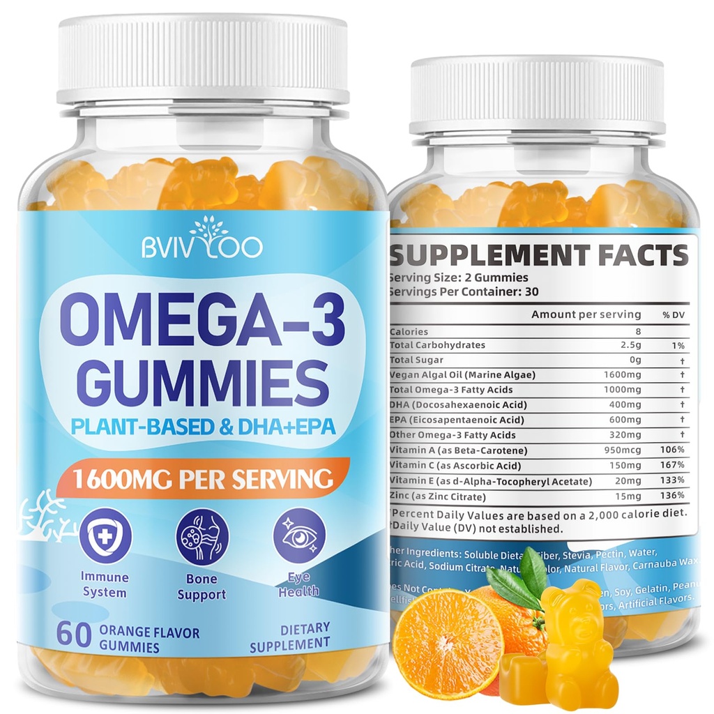 Wegańskie gumki Omega-3 - 1600mg z 600mg EPA i 400mg DHA. Formuła absorpcji wysokiej. Pyszny aromat pomarańczowy - 60 gumek