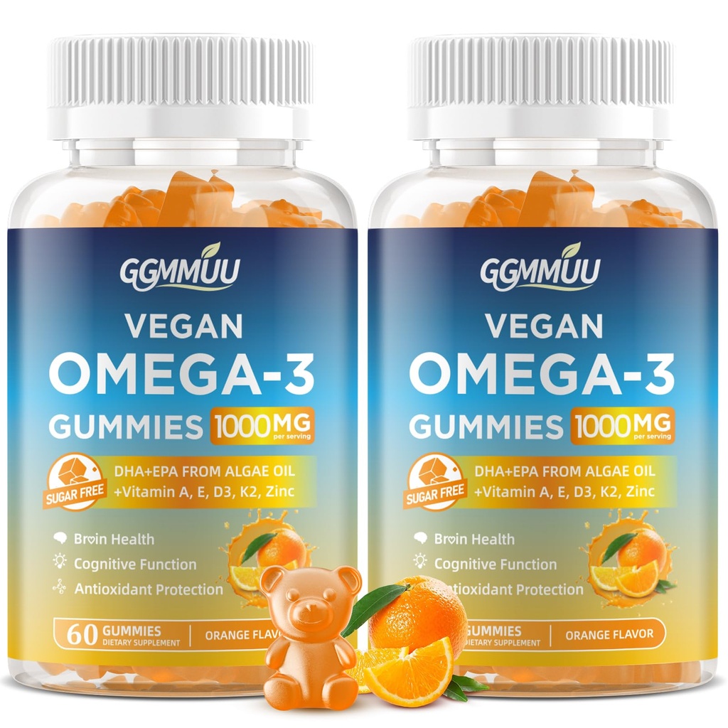 2 Pack Vegan Omega 3 Gummies 1000MG Algal Oil Omega 3 Suplement dla dorosłych z Algae DHA 600mg & EPA 300mg olej rybny alternatywny - dla oka i zdrowia immunologicznego, Pomarańczowy Flavor, 120 Count
