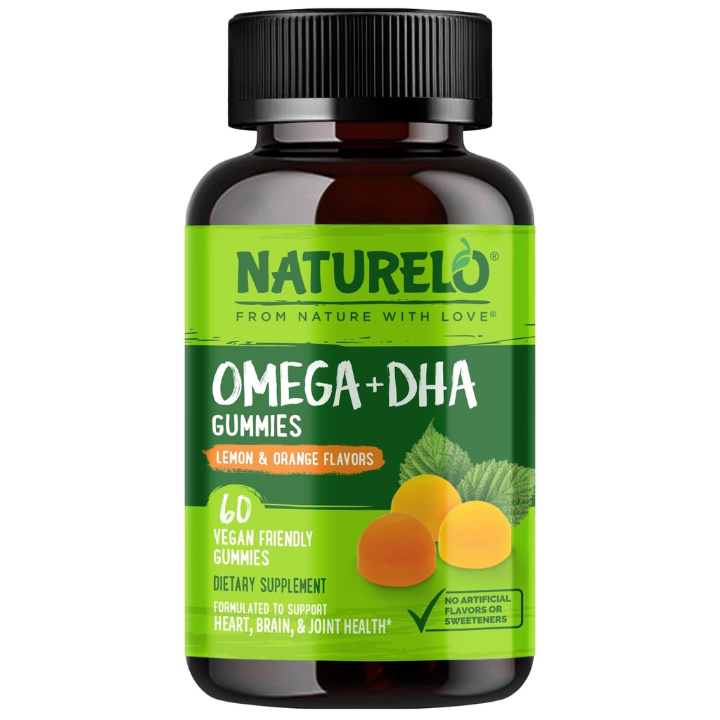 NATURELO Vegetarian DHA i Omega 3 Suplement z Algae i Chia Seed Oil for Heart, Brain and Joint Health - No Fish, Gelatin, or Artificial Sweeteners - 60 Gummies