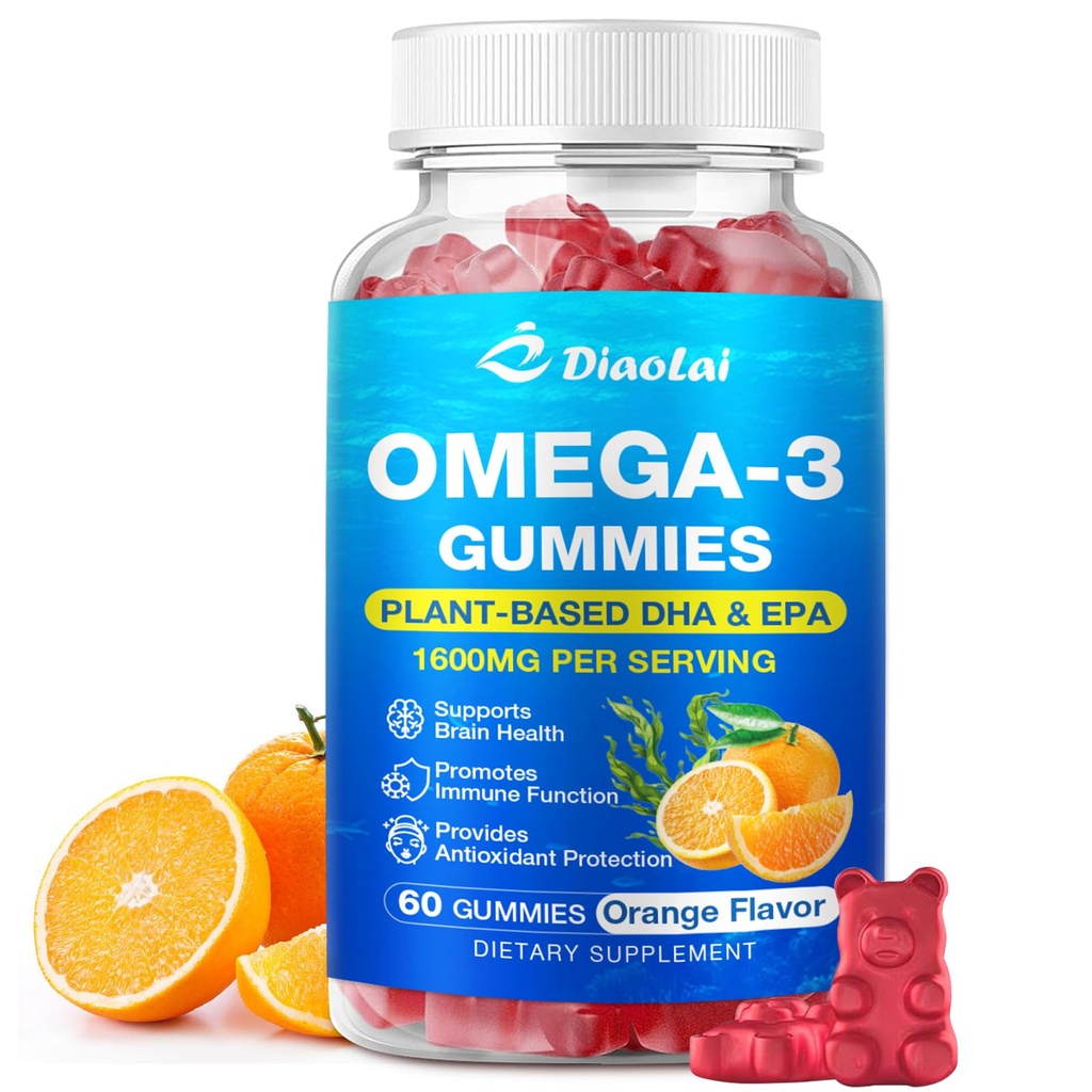 Wegańskie gumki Omega-3 dla dorosłych - Bezcukrowe, Algae- oparte DHA 600mg i EPA 300mg, z witamin A, C, E, Cynk - Omega 3 Fish Oil Alternative, 60 Count