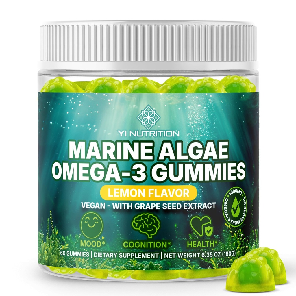 Marine Algae Omega 3 Gumiaki z 3400mg + 124; DHA / EPA / ALA, 20: 1 ekstrakt z nasion winorośli, Witamina C & Folate 124; Serce, Mózg i skóra 124; Plant- based, Sugar- Free, 60 Ct