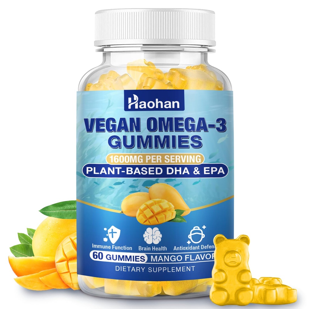 Omega-3 Gumiaki dla dorosłych, Flavor pomarańczowy - bez cukru, Algae- derived DHA 600mg & EPA 300mg, z witamin A, C, E, Cynk, 60 Gumiaki