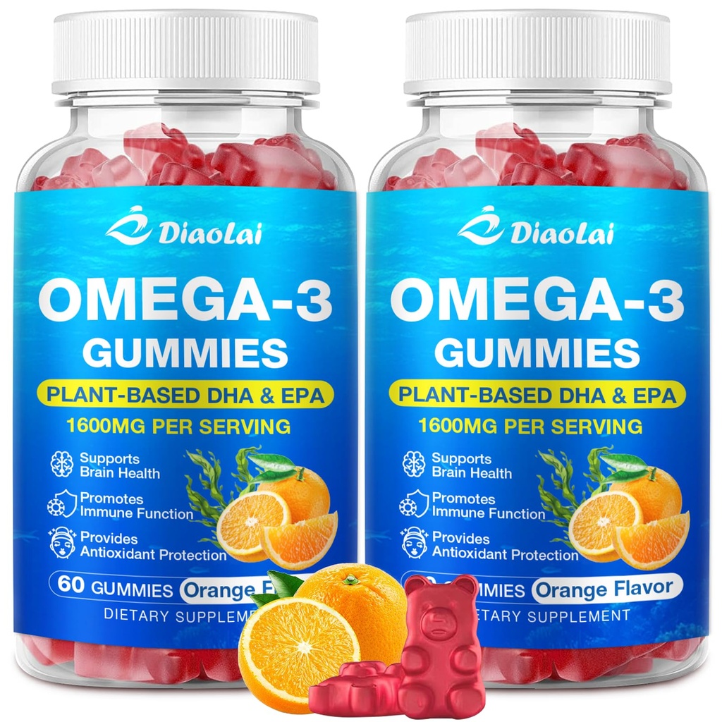 2 Pack Vegan Omega-3 Gumiaki dla dorosłych - Bez cukru, Algae- Based DHA 600mg & EPA 300mg, z witamin A, C, E, Cynk - Omega 3 alternatywa oleju rybnego, 120