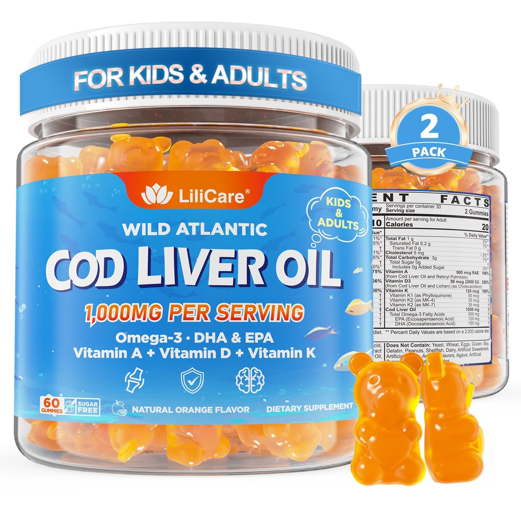 Cod Liver Oil Gummies 1000mg dla dzieci i dorosłych - w / Omega 3 (EPA & DHA), Vitamin A, D3 & K2 - Cod Liver Oil Omega 3 Gummies dla dzieci i dorosłych, SugarFree, Orange Flavor, 120Cts