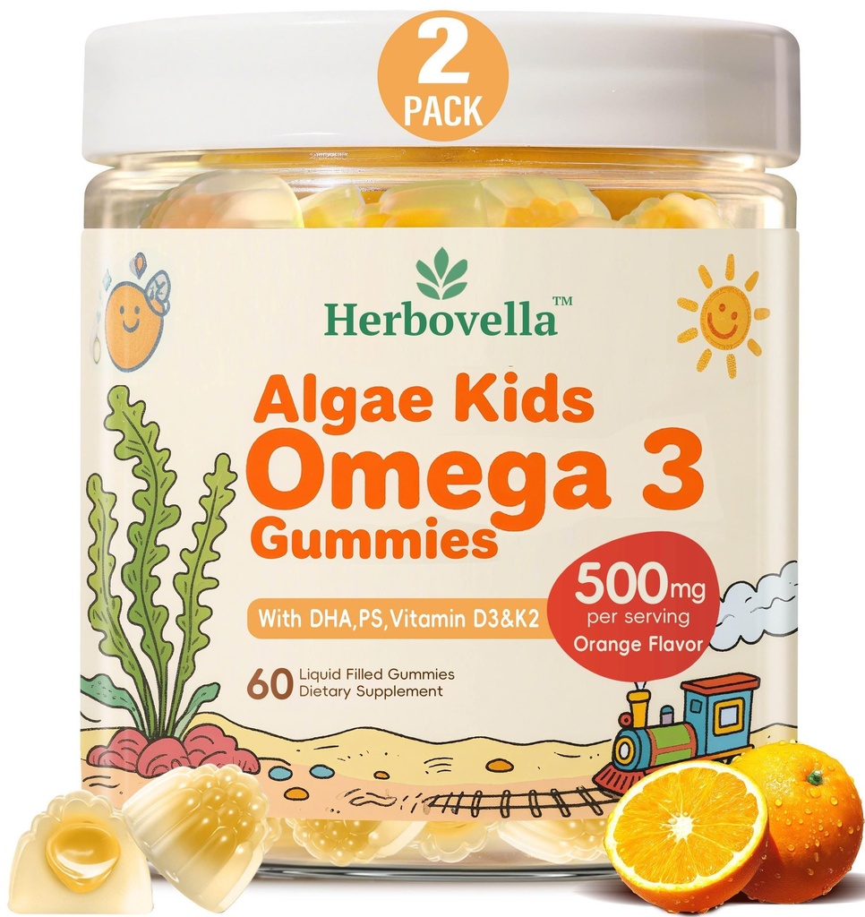 Dzieci Omega 3 Gummies 2 Pack, Wegan Algae DHA 420mg z PS, Witamina D3 K2, Cukier wolny, Bez oleju rybnego, Mózg i Focus Wsparcie dla dzieci, 120 Gummies