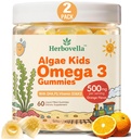Dzieci Omega 3 Gummies 2 Pack, Wegan Algae DHA 420mg z PS, Witamina D3 K2, Cukier wolny, Bez oleju rybnego, Mózg i Focus Wsparcie dla dzieci, 120 Gummies